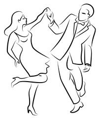 Beautiful young couple. The girl and the guy are dancing. Creative art. Graphic image. Vector illustration.