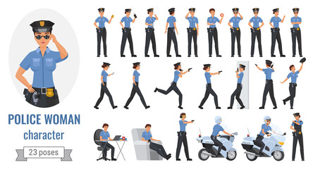 Police officer woman poses vector illustration set. Cartoon young female worker character working in different poses, gestures and actions, posing with phone, gun, police motorcycle isolated on white