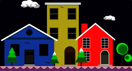 An illustration of town. A vector design of a town during winter. A set of colorful houses.