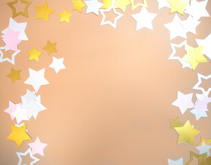 Christmas Background. Golden Holiday Abstract Glitter Background With Blinking Stars. Blurred Bokeh