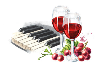 Piano keys and wine. Hand drawn watercolor illustration isolated on white background