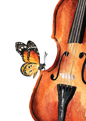 Retro wooden brown violin and butterfly. Hand drawn watercolor illustration isolated on white background © dariaustiugova
