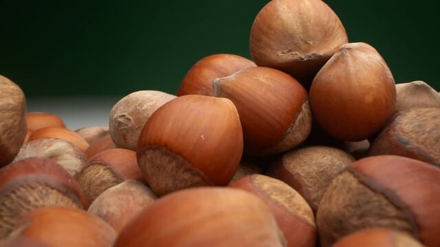 extremely close-up, detailed. background texture food. many hazelnuts on a dark background