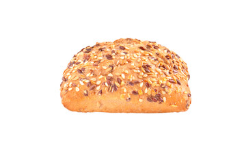 Isolated clipping path white background of organic flour mixed gold brown bread homemade baked italian ciabatta french toast baguette whole wheat rye oat loaf with healthy seed gluten free