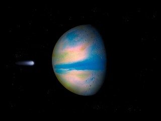 super-earth planet, realistic exoplanet, rocky planet covered by ocean in space, planet with atmosphere