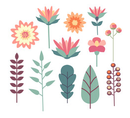 Vector set of flowers, stems, branches and leaves isolated on white in flat style.. Can be used for wallpaper, pattern fills, web page background, surface texture, fabric, baby clothes design.