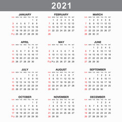 Calendar for 2021 isolated on a white background. Sunday to Monday, business template. Vector illustration