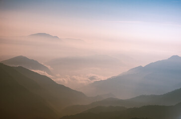 View of Himalays during sunrise at Binsar, a hill station in Almora district, Uttarakhand, India.