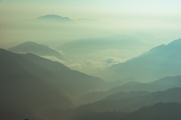 View of Himalays during sunrise at Binsar, a hill station in Almora district, Uttarakhand, India.