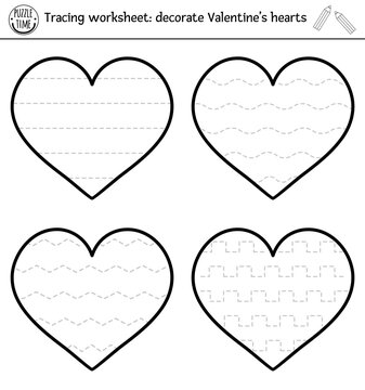 Vector Saint Valentine handwriting practice worksheet. February printable black and white activity for pre-school children. Educational tracing game for writing skills. Decorate Valentine hearts .