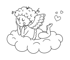 Vector black and white cupid lying on a cloud and dreaming. Funny Valentine’s day character. Happy love angel with spread wings. Playful cherub line icon isolated on white background..