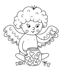 Vector black and white cupid with jar of hearts. Funny Valentine’s day character. Happy love angel with spread wings. Playful cherub line icon isolated on white background..