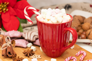 Christmas cocoa with marshmallow and Candy Cane in a red cup, close-up