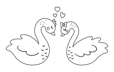 Vector cute black and white swans pair. Loving couple illustration. Love relationship or family concept. Romantic birds isolated on white background. Funny Valentine’s day line characters..