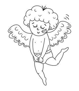 recommend clip art: Vector black and white cupid with trace of kiss on his cheek. Funny Valentine’s day character. Happy love angel with spread wings. Playful cherub line icon isolated on white background..