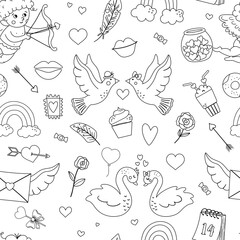 Vector black and white seamless pattern with Saint Valentine’s day symbols. Repeating background with cute characters and love objects. Playful February holiday line texture or coloring page.