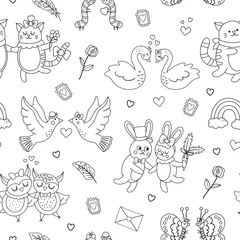 Rolgordijnen Vector black and white seamless pattern with cute animal pairs. Repeating background with loving couples. Love relationship concepts digital paper. Line texture with Valentine’s day characters.. © Lexi Claus