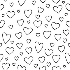 Vector black and white seamless pattern with little hearts. Repeating background with Saint Valentine’s day symbols. Playful February holiday line texture with love concept.