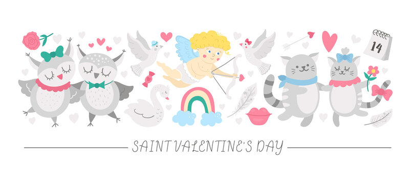 Vector horizontal set with flat Saint Valentine day characters and elements. Card template design with cupid, funny animals, hearts, flowers. Cute February love holiday border..