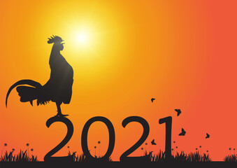 Fototapeta na wymiar Silhouette of chicken crowing on number 2021 on sunrise background, new year celebration concept vector illustration