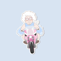 Sticker of a cute old lady riding a motorcycle.Vector illustration cartoon character.