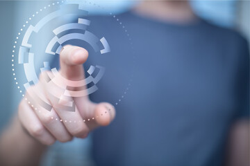 Manage your business data Analytics processes by tapping your finger on linked gears. Automated marketing. The concept of Finance. Blur.