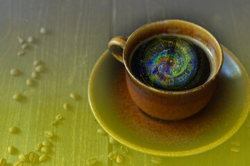 Fantastic cup with coffee on yellow background
