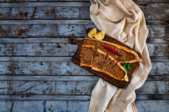 Traditional Turkish food, lahmacun and kiymali and kusbasili pide