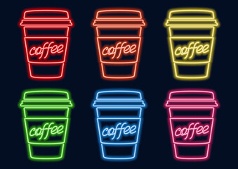 Takeaway coffee in neon design. Neon sign. Luminous line in different colors.