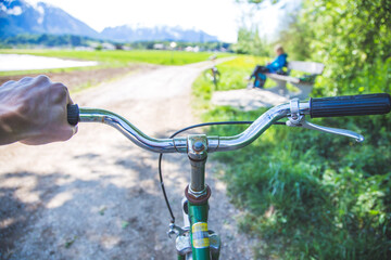 Fototapeta na wymiar Retro bicycle handlebar and breaks outdoors, blurred background
