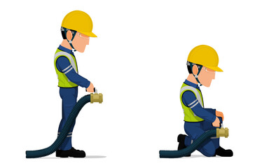 Set of industrial worker with big hose on white background