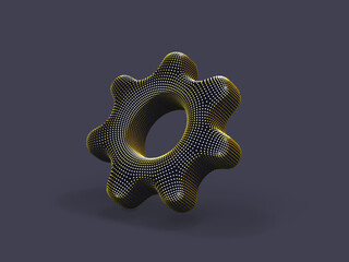 3D gear made of yellow dots on gray background. Abstract vector illustration of digital golden cogwheel. Concept of software setup, program settings and online support.