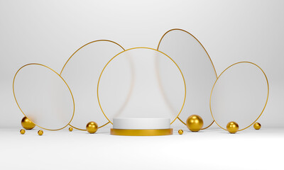 Podium, pedestal or platform, background for the presentation of cosmetic products. 3d podium. Place for ads.3D rendering podium geometry with elements. Product presentation blank podium.