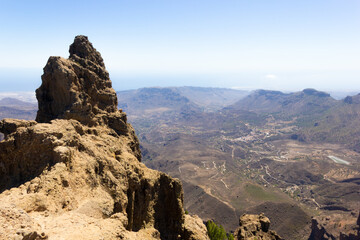 Top view of Pico de las Nieves on sunny day in Gran Canaria, Spain. Mountain peak natural landscape in Canary Islands. Tourist attraction, climb, hiking, outdoor activity concepts