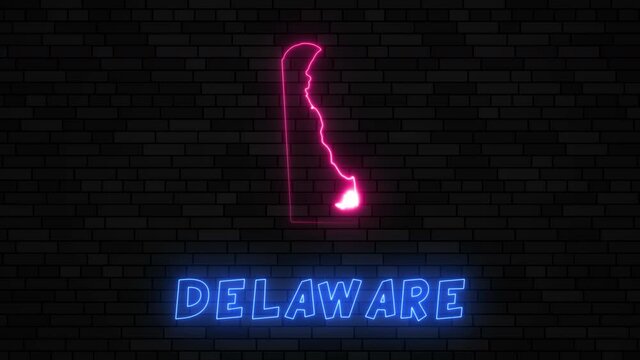 State of Delaware map silhouette with neon line on a dark brick wall background