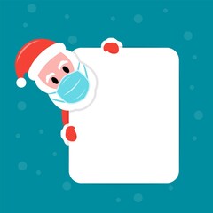 Santa Claus in protective face mask behind a white board vector illustration
