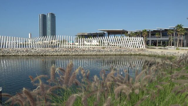 Ras al Khaimah, United Arab Emirates north of Dubai, view from Manar Mall through reeds on sunny day. 