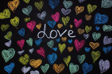 Hearts drawn on a black background. Hearts of love. Pattern. Wedding card. Valentine's day....