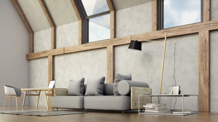 Modern interior, bright minimalistic room with sofa lamp and a table, in daylight 3d render, concrete wall and wooden planks.