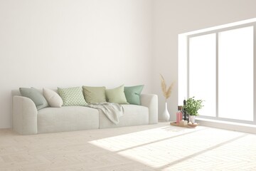 White living room with sofa. Scandinavian interior design. 3D illustration