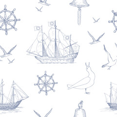 Nautical pattern. Hand drawn realistic outline vector illustration. © Yaroslava