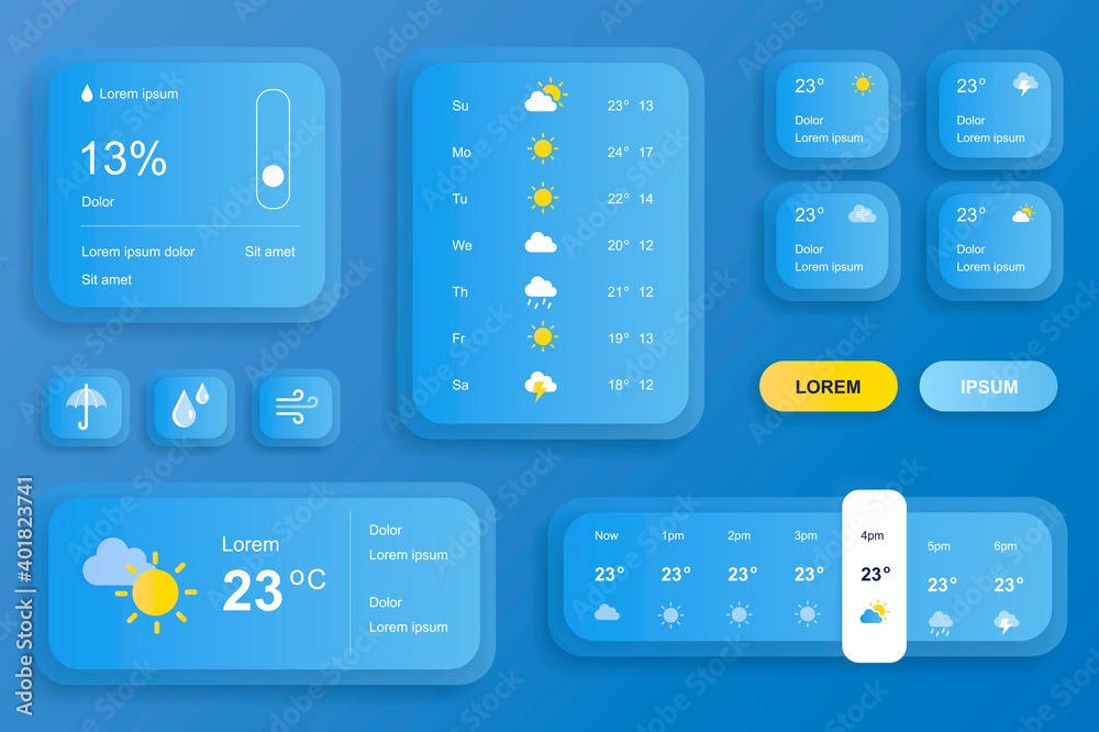 Poster gui elements for weather forecast mobile app. temperature, atmospheric pressure, weather condition u