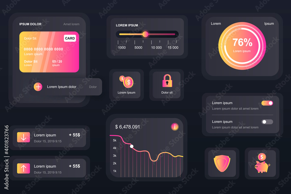 Poster gui elements for banking mobile app. financial analytics of bank account, credit card balance user i