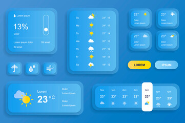 GUI elements for weather forecast mobile app. Temperature, atmospheric pressure, weather condition user interface generator. Ui ux toolkit vector illustration. Current and hourly forecast components. - obrazy, fototapety, plakaty