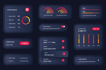 GUI elements for business analytics mobile app. Statistics diagrams and financial indexes user interface generator. Unique ui ux design kit vector illustration. Information visualisation components.