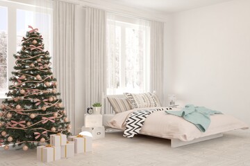 Winter new year interior of bedroom. Scandinavian design. 3D illustration