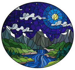 Illustration in stained glass style with the meandering river on a background of mountains, forests and starry night sky with mon, oval image