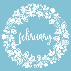 Hand drawn february vector sign with wreath on blue background