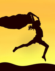 Fototapeta na wymiar silhouette of happy girl, jumping and dancing .