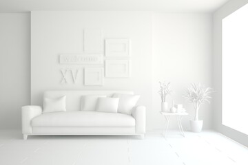 White minimalist living room with sofa. Scandinavian interior design. 3D illustration